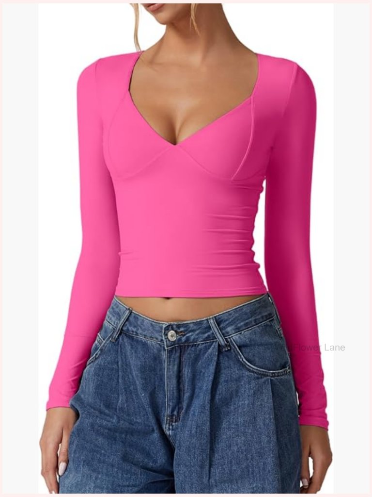 Women's V-Neck Seamed Cup Crop Top Long Sleeve Double Lined Going Out Top